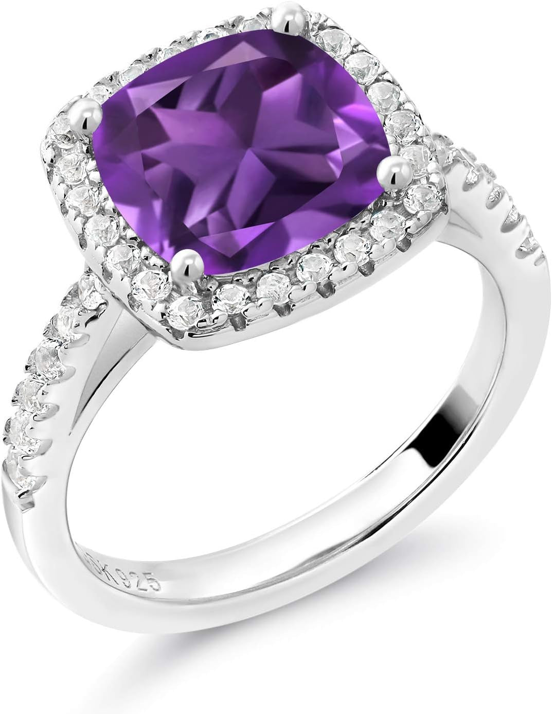 925 Sterling Silver Purple Amethyst and White Created Sapphire Women'S Engagement Ring (2.60 Cttw, 8MM Cushion Cut, Gemstone Birthstone, Available in Size 5, 6, 7, 8, 9)