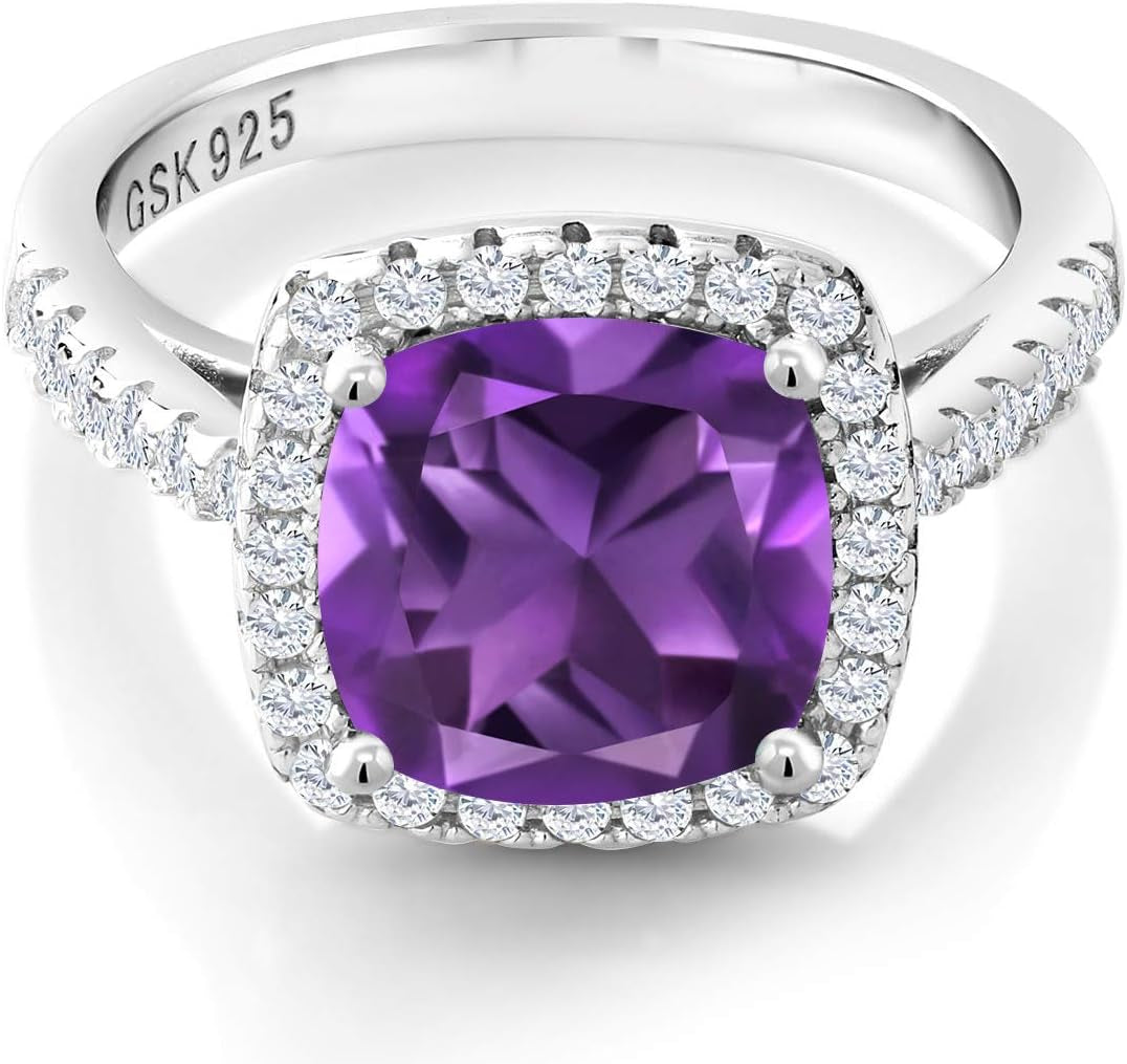 925 Sterling Silver Purple Amethyst and White Created Sapphire Women'S Engagement Ring (2.60 Cttw, 8MM Cushion Cut, Gemstone Birthstone, Available in Size 5, 6, 7, 8, 9)