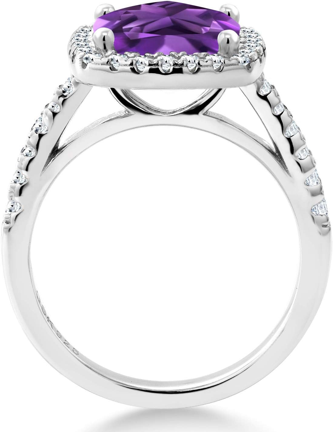 925 Sterling Silver Purple Amethyst and White Created Sapphire Women'S Engagement Ring (2.60 Cttw, 8MM Cushion Cut, Gemstone Birthstone, Available in Size 5, 6, 7, 8, 9)